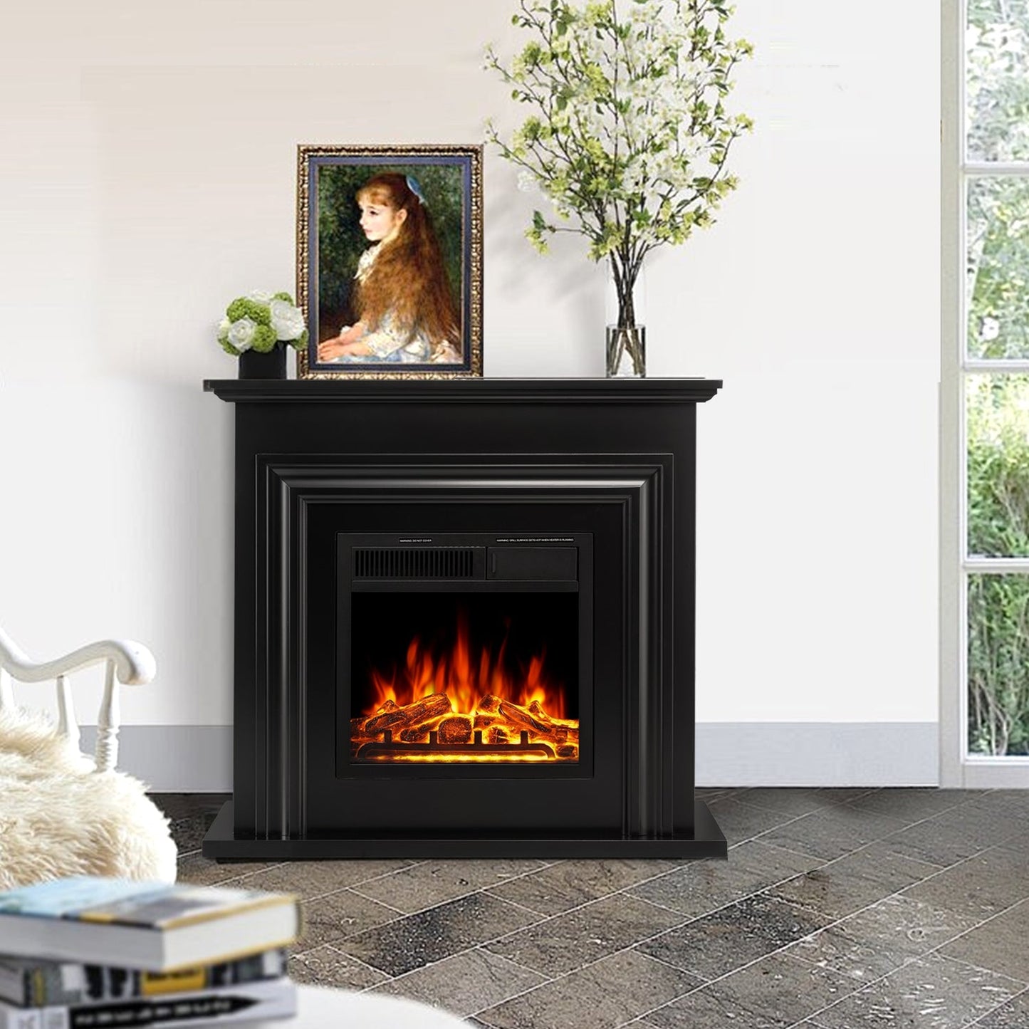 R.W.FLAME 36" Black Freestanding Wooden Mantel and Electric Fireplace With Adjustable Led Flame