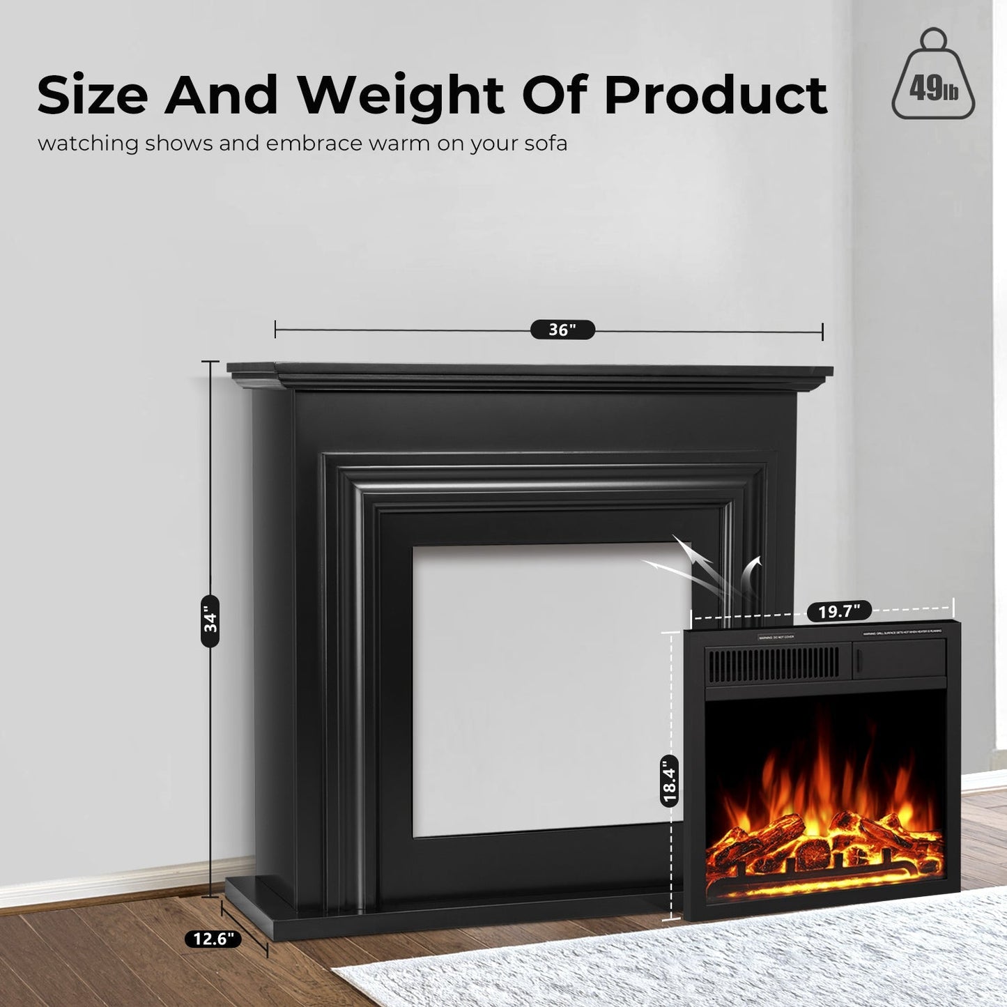R.W.FLAME 36" Black Freestanding Wooden Mantel and Electric Fireplace With Adjustable Led Flame