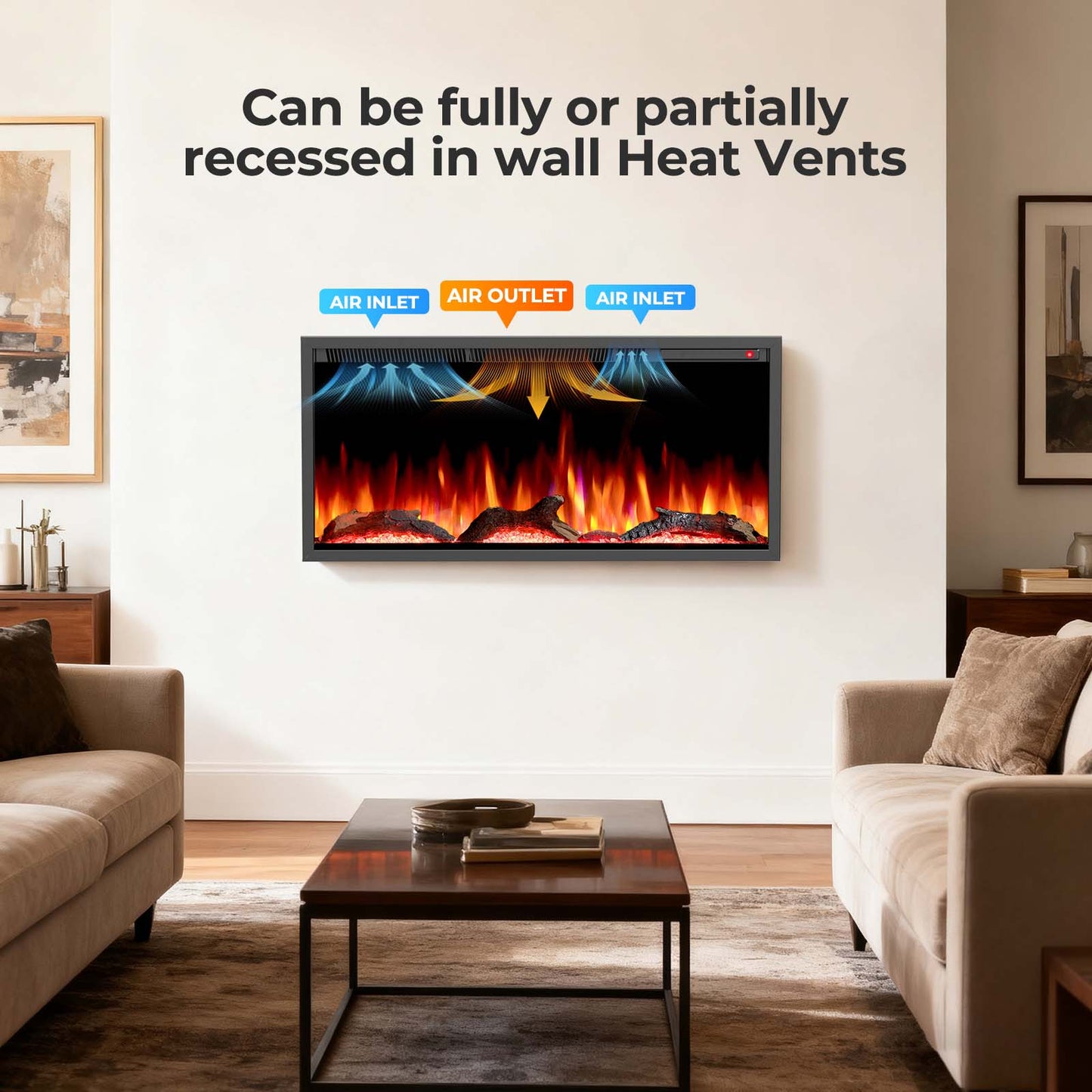 R.W.FLAME C4 Series 36" Black Recessed Wall-Mounted Alexa/WiFi Enabled Smart Electric Fireplace