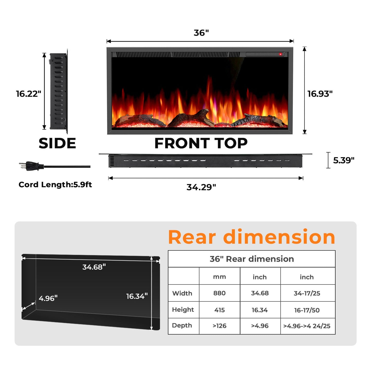 R.W.FLAME C4 Series 36" Black Recessed Wall-Mounted Alexa/WiFi Enabled Smart Electric Fireplace