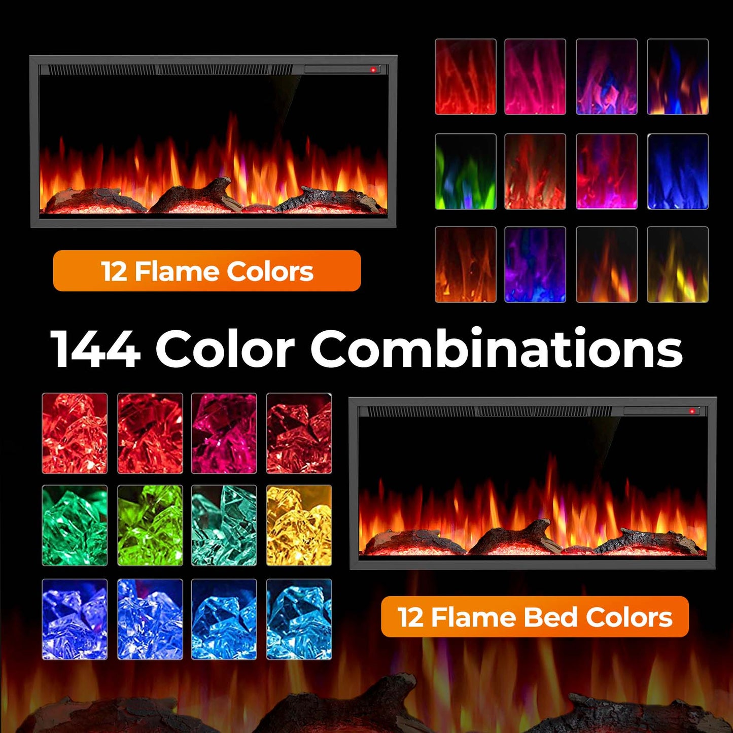 R.W.FLAME C4 Series 36" Black Recessed Wall-Mounted Alexa/WiFi Enabled Smart Electric Fireplace