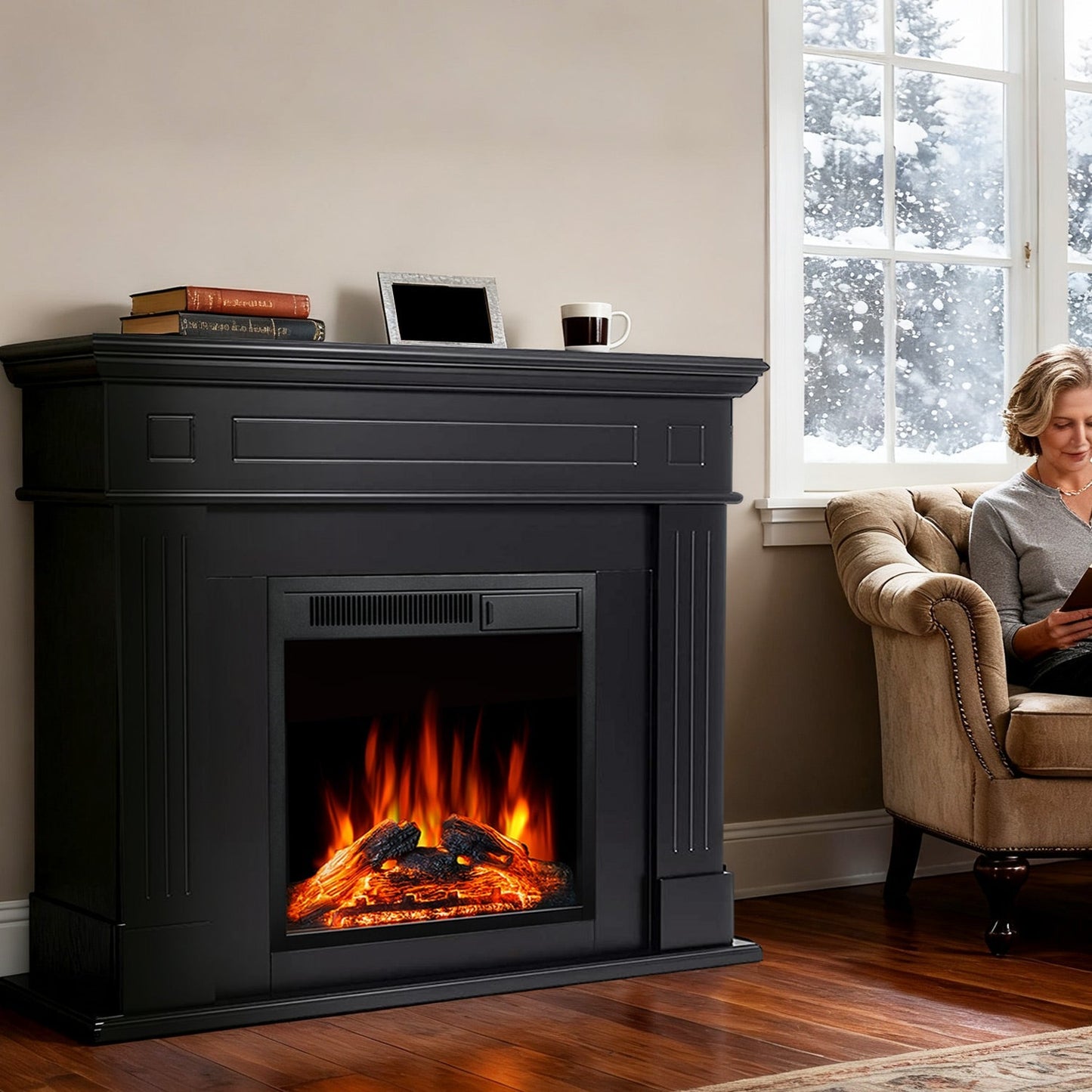 R.W.FLAME 43" Black Freestanding Wooden Mantel and Electric Fireplace