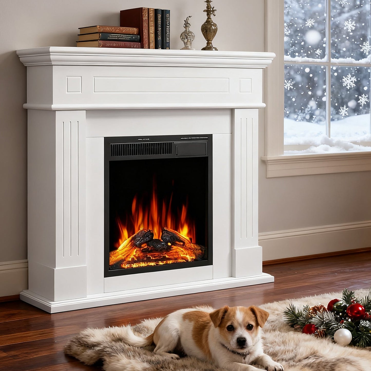 R.W.FLAME 43" White Freestanding Wooden Mantel and Electric Fireplace