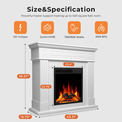 R.W.FLAME 43" White Freestanding Wooden Mantel and Electric Fireplace