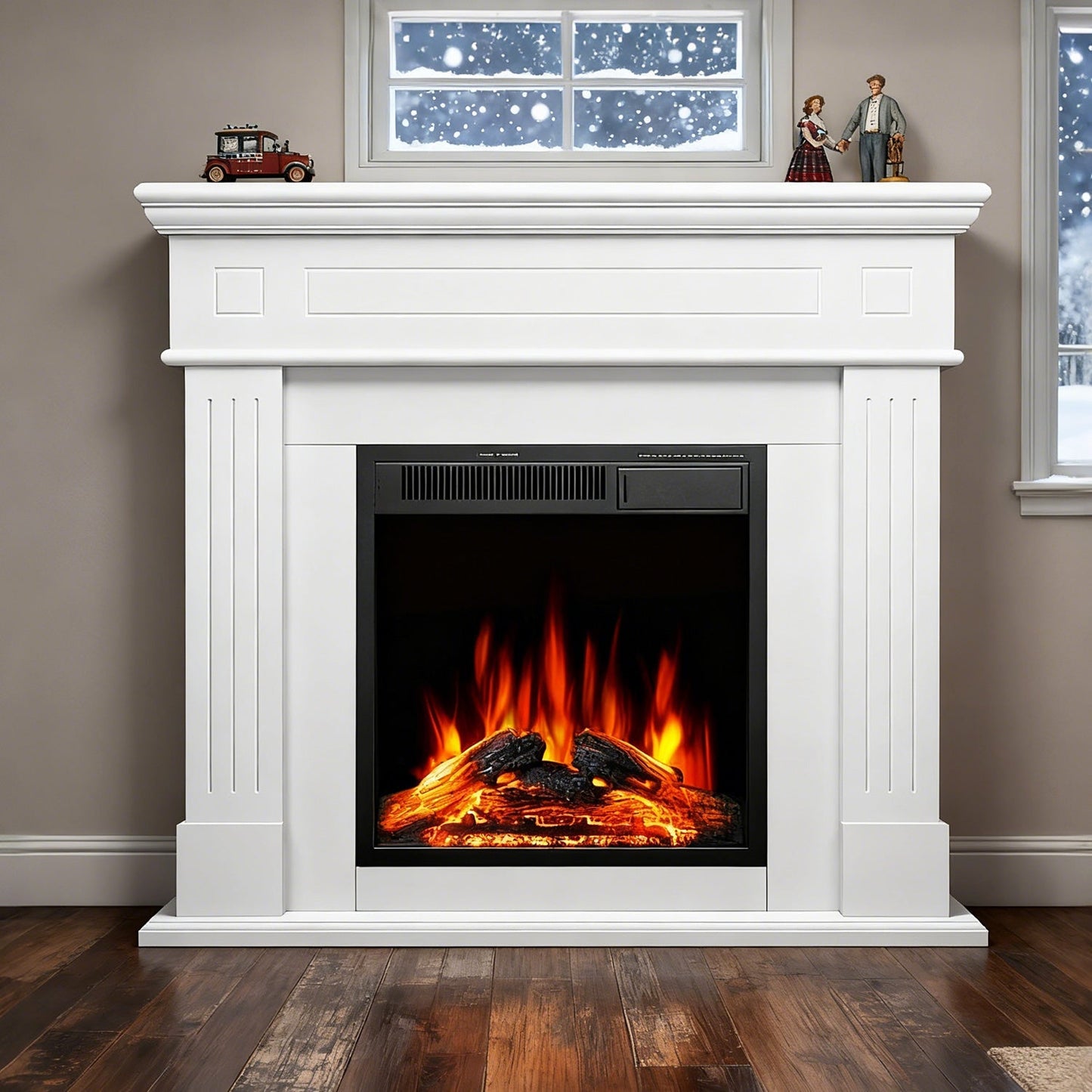 R.W.FLAME 43" White Freestanding Wooden Mantel and Electric Fireplace