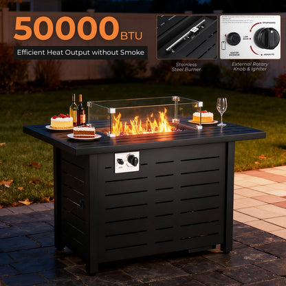 R.W.FLAME 43" Black Freestanding Propane Rectangular Fire Pit Table With Waterproof Cover and Glass Stones