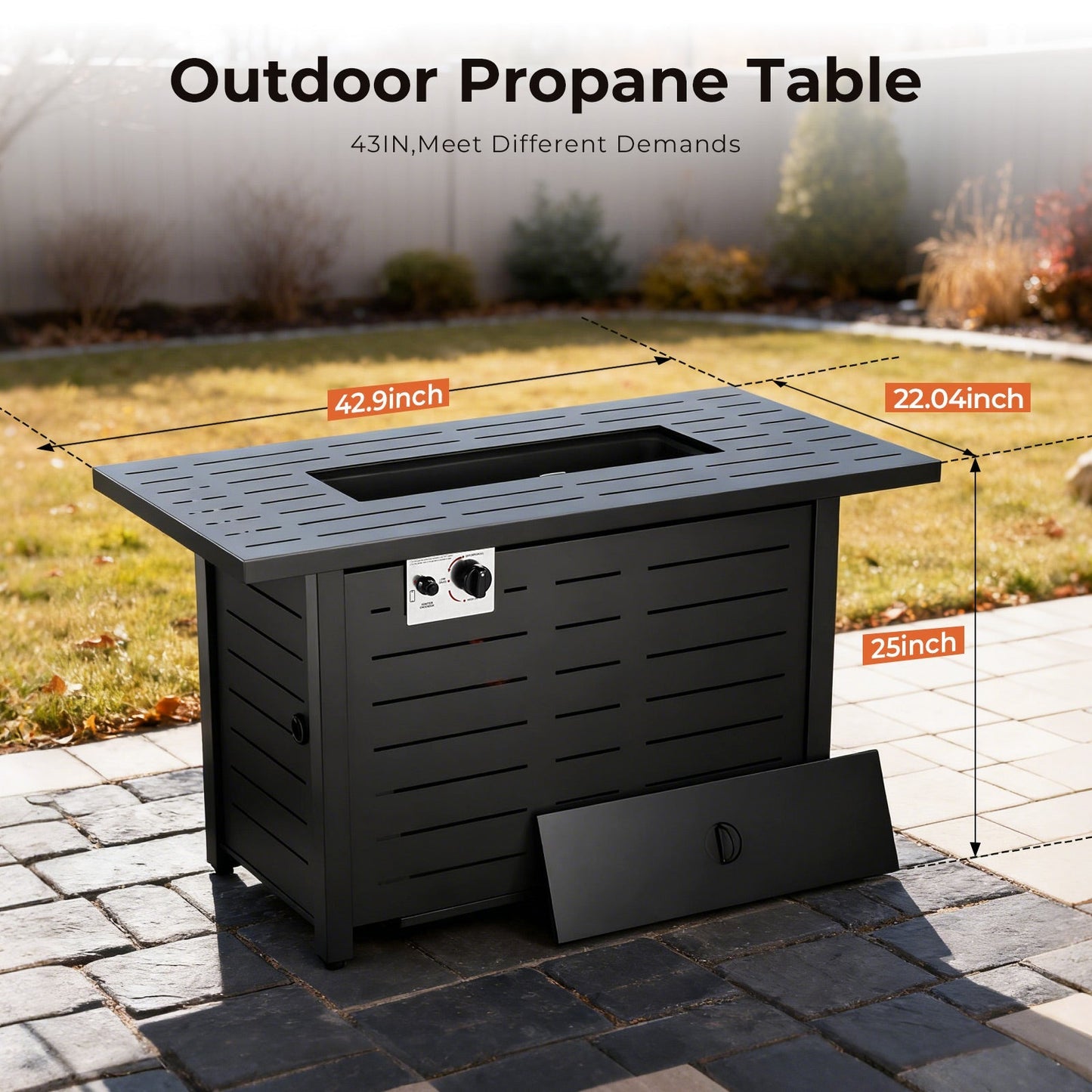 R.W.FLAME 43" Black Freestanding Propane Rectangular Fire Pit Table With Waterproof Cover and Glass Stones