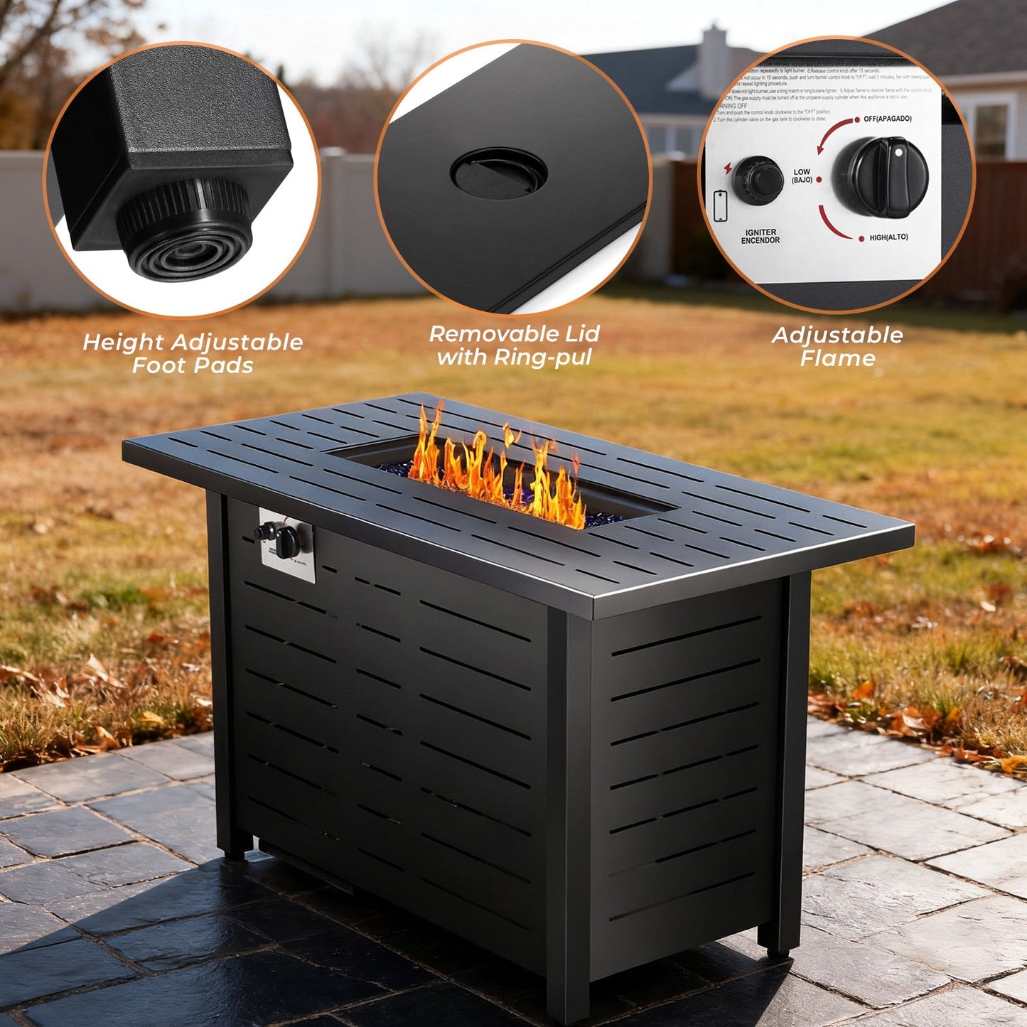 R.W.FLAME 43" Black Freestanding Propane Rectangular Fire Pit Table With Waterproof Cover and Glass Stones