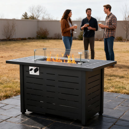 R.W.FLAME 43" Black Freestanding Propane Rectangular Fire Pit Table With Waterproof Cover and Glass Stones