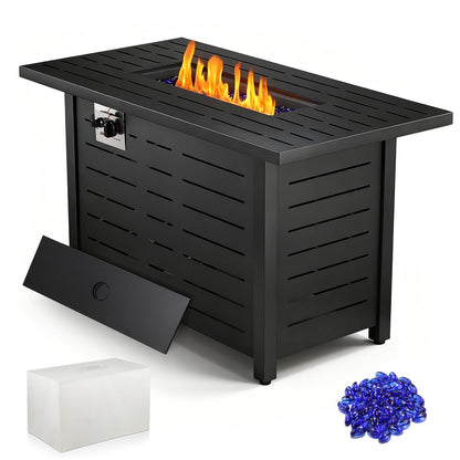 R.W.FLAME 43" Black Freestanding Propane Rectangular Fire Pit Table With Waterproof Cover and Glass Stones