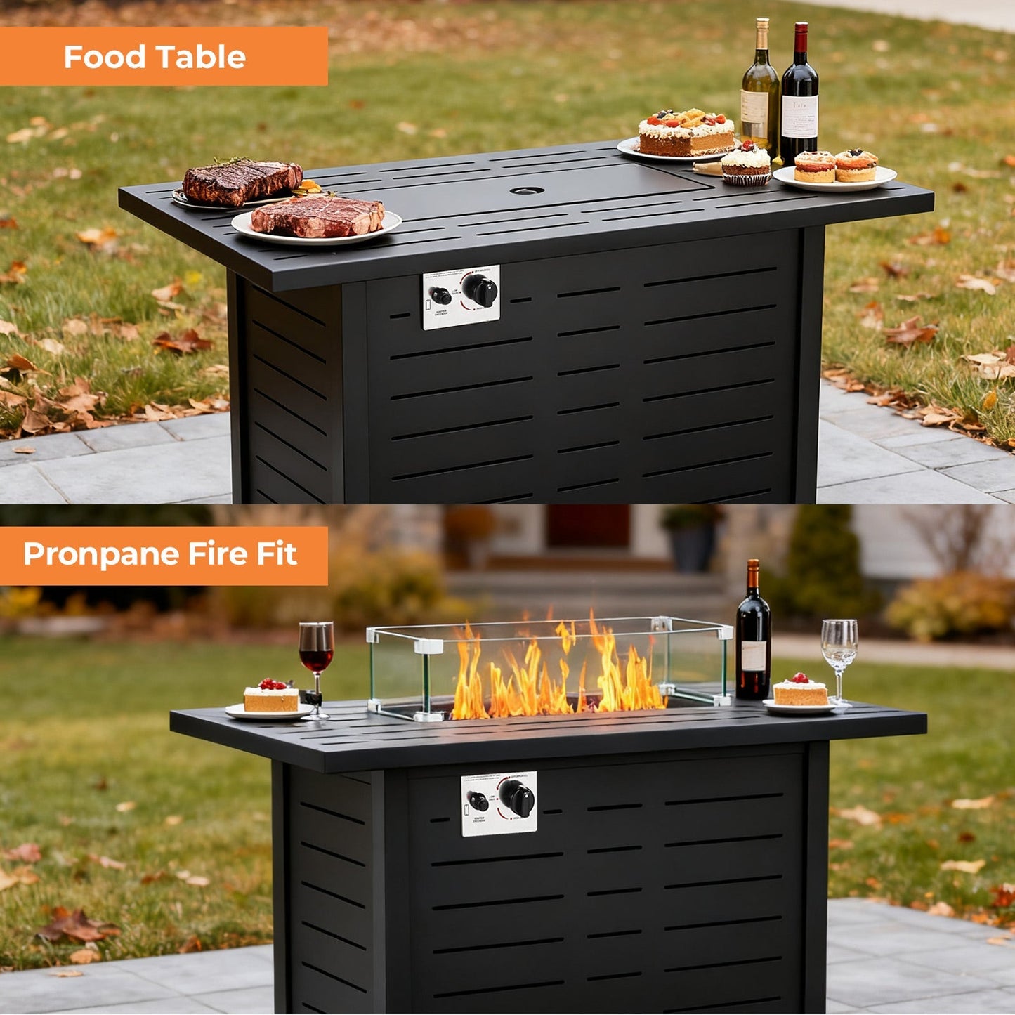 R.W.FLAME 43" Black Freestanding Propane Rectangular Fire Pit Table With Waterproof Cover and Glass Stones