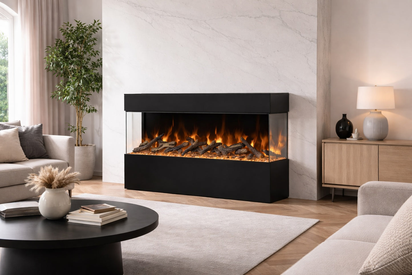 Amantii Black Contemporary Pedestal Display With Storage Compartment for 75" Tru View Bespoke Fireplace