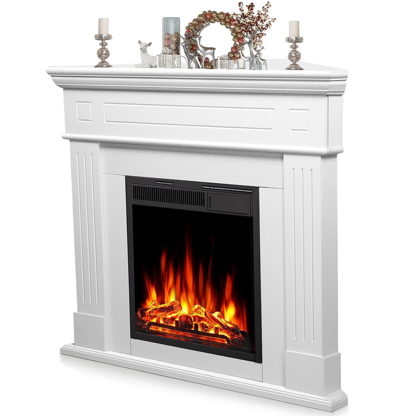 R.W.FLAME 43" White 750-1500W Freestanding Wooden Corner Mantel and Electric Fireplace With Logs