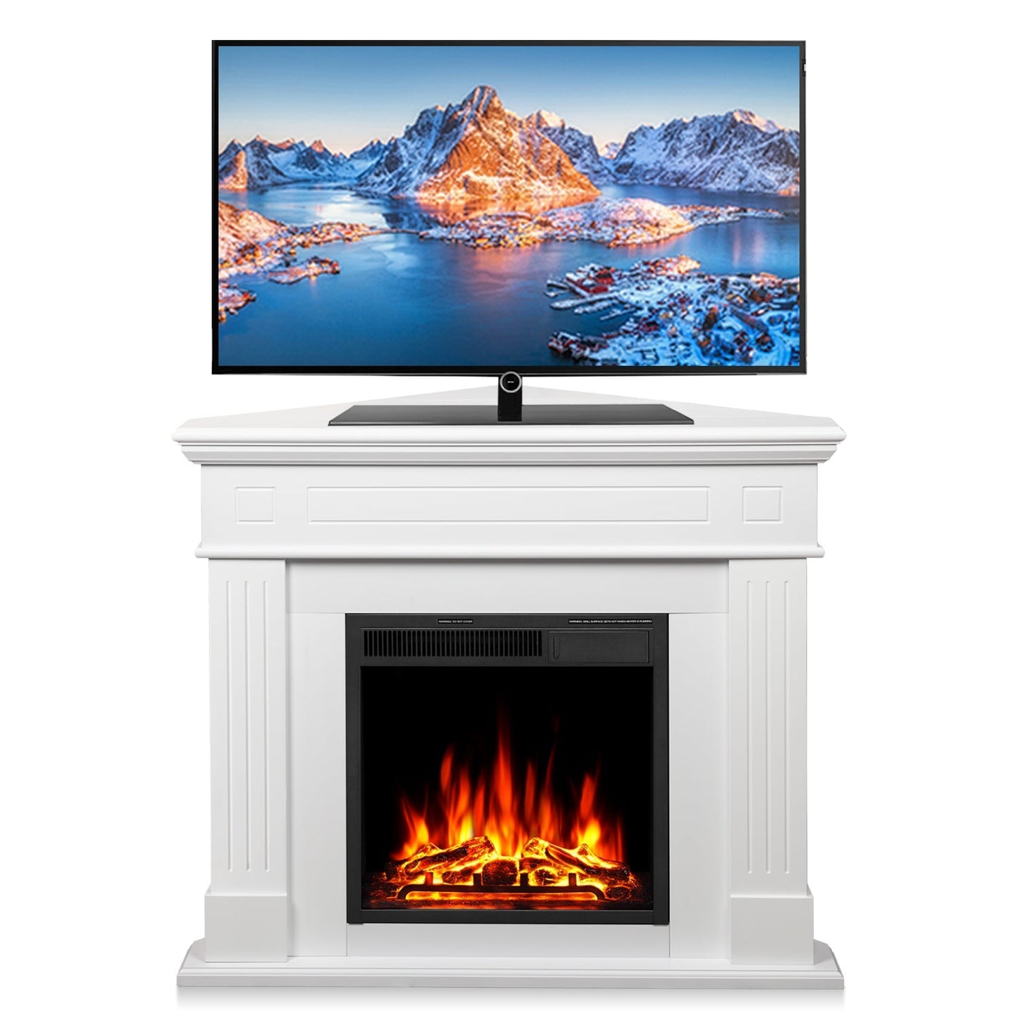 R.W.FLAME 43" White 750-1500W Freestanding Wooden Corner Mantel and Electric Fireplace With Logs