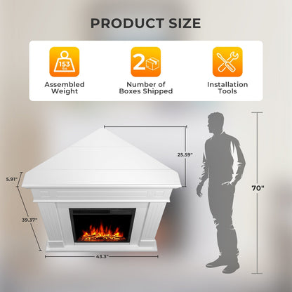 R.W.FLAME 43" White 750-1500W Freestanding Wooden Corner Mantel and Electric Fireplace With Logs