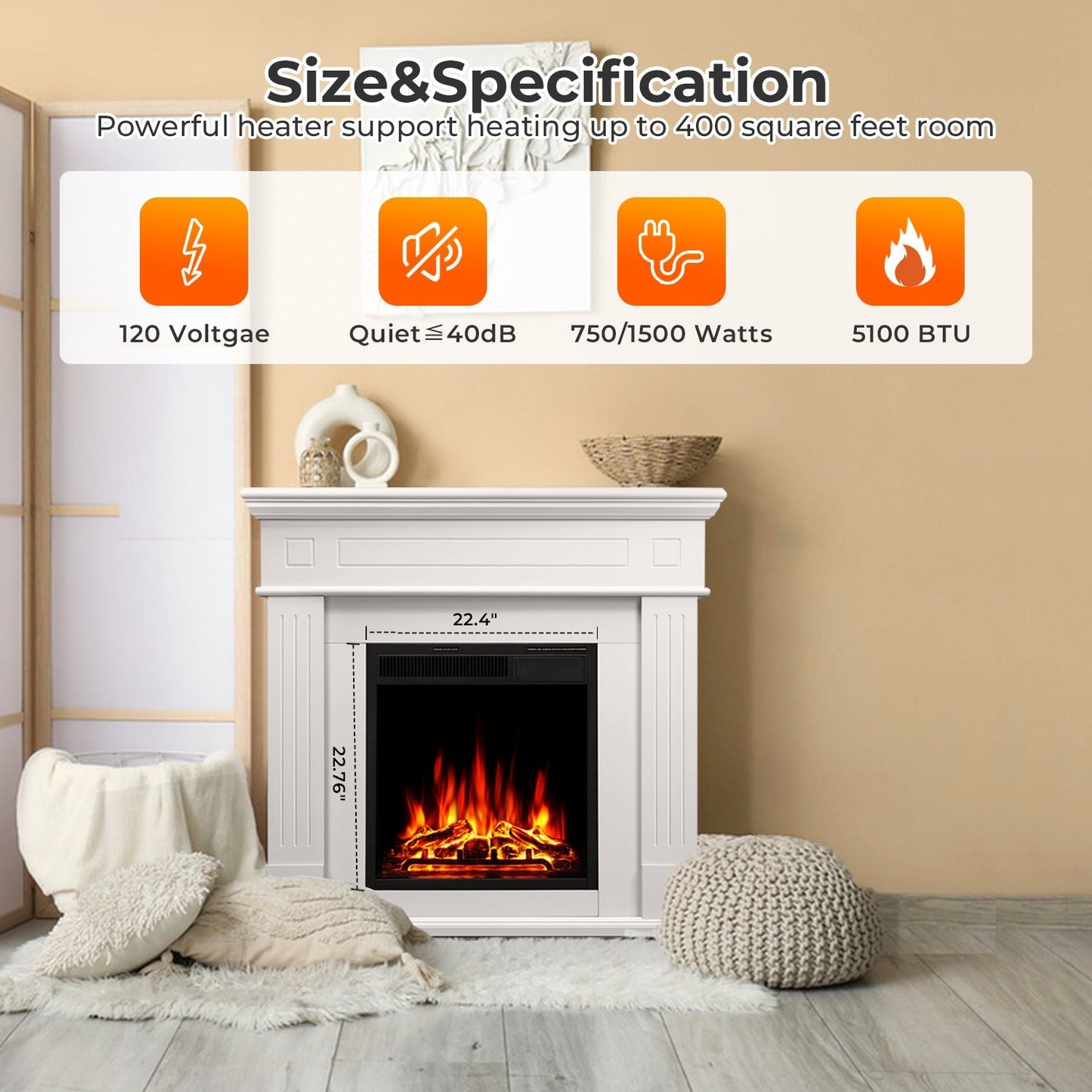 R.W.FLAME 43" White 750-1500W Freestanding Wooden Corner Mantel and Electric Fireplace With Logs