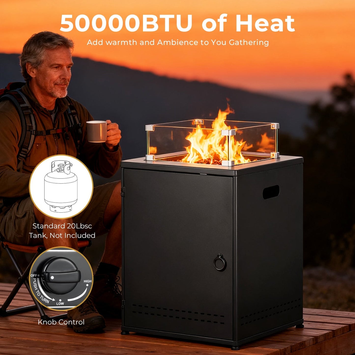 R.W.FLAME 20" Black Stainless Steel Smokeless CSA Certified Propane Square Fire Pit Table