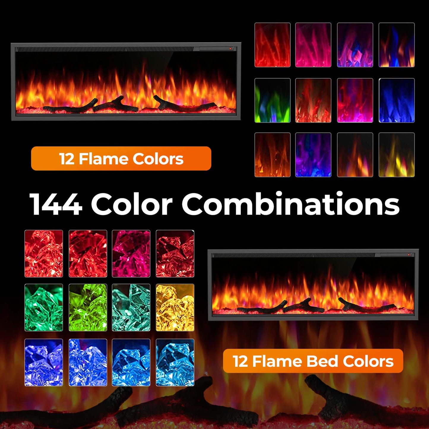 R.W.FLAME C4 Series 50" Black Recessed Wall-Mounted Alexa/WiFi Enabled Smart Electric Fireplace