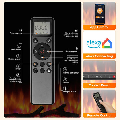 R.W.FLAME C4 Series 50" Black Recessed Wall-Mounted Alexa/WiFi Enabled Smart Electric Fireplace