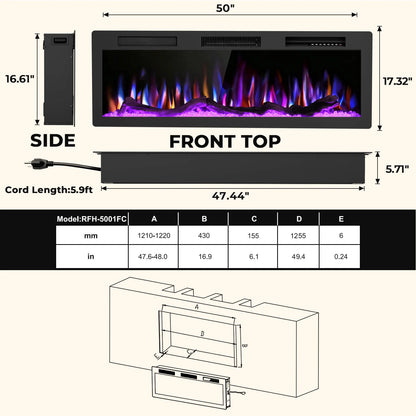 R.W.FLAME C6 Series 50" Black Recessed Wall-Mounted Alexa/WiFi Enabled APP Control Smart Electric Fireplace