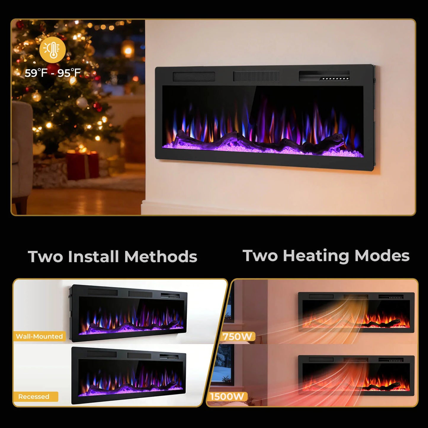 R.W.FLAME C6 Series 50" Black Recessed Wall-Mounted Alexa/WiFi Enabled APP Control Smart Electric Fireplace
