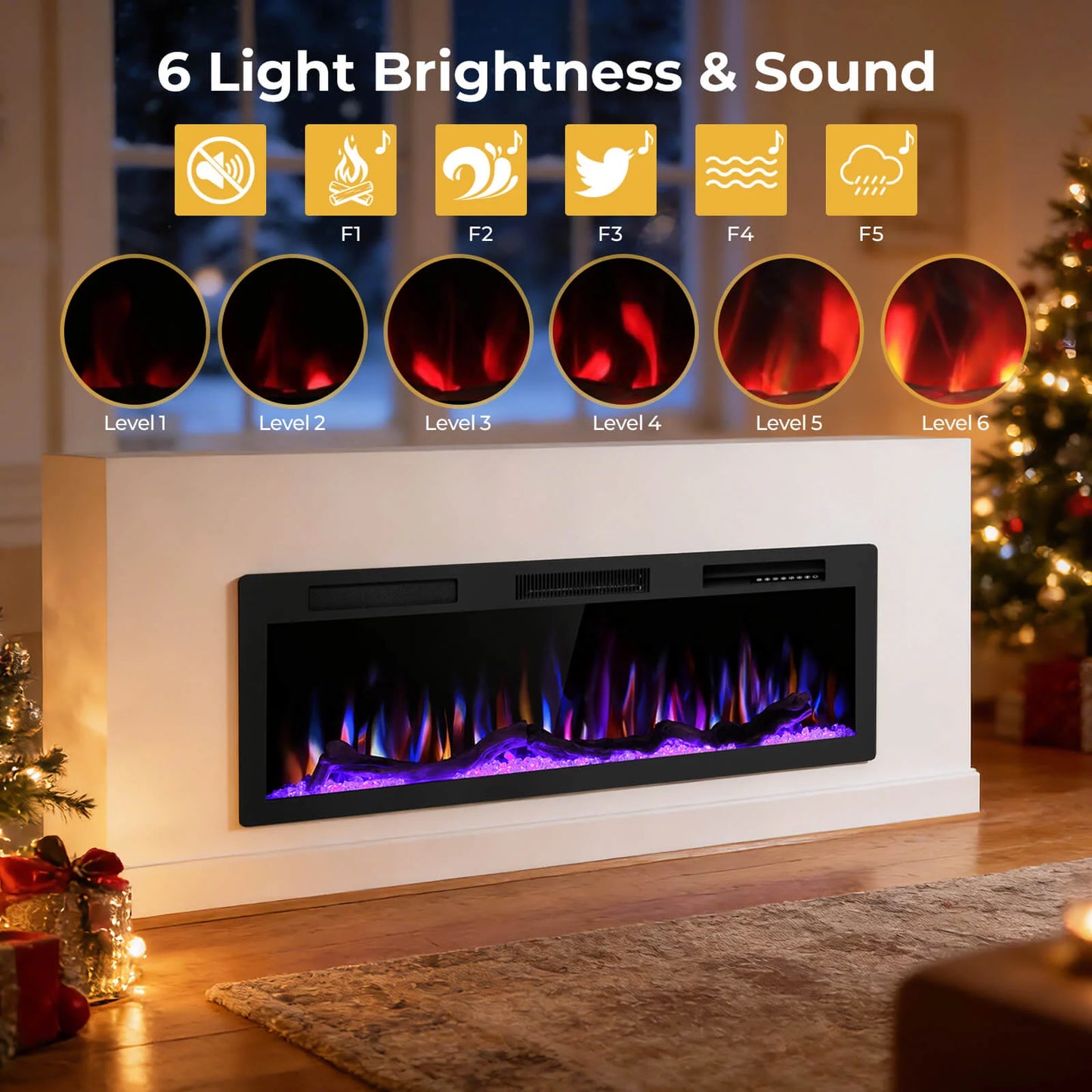 R.W.FLAME C6 Series 50" Black Recessed Wall-Mounted Alexa/WiFi Enabled APP Control Smart Electric Fireplace