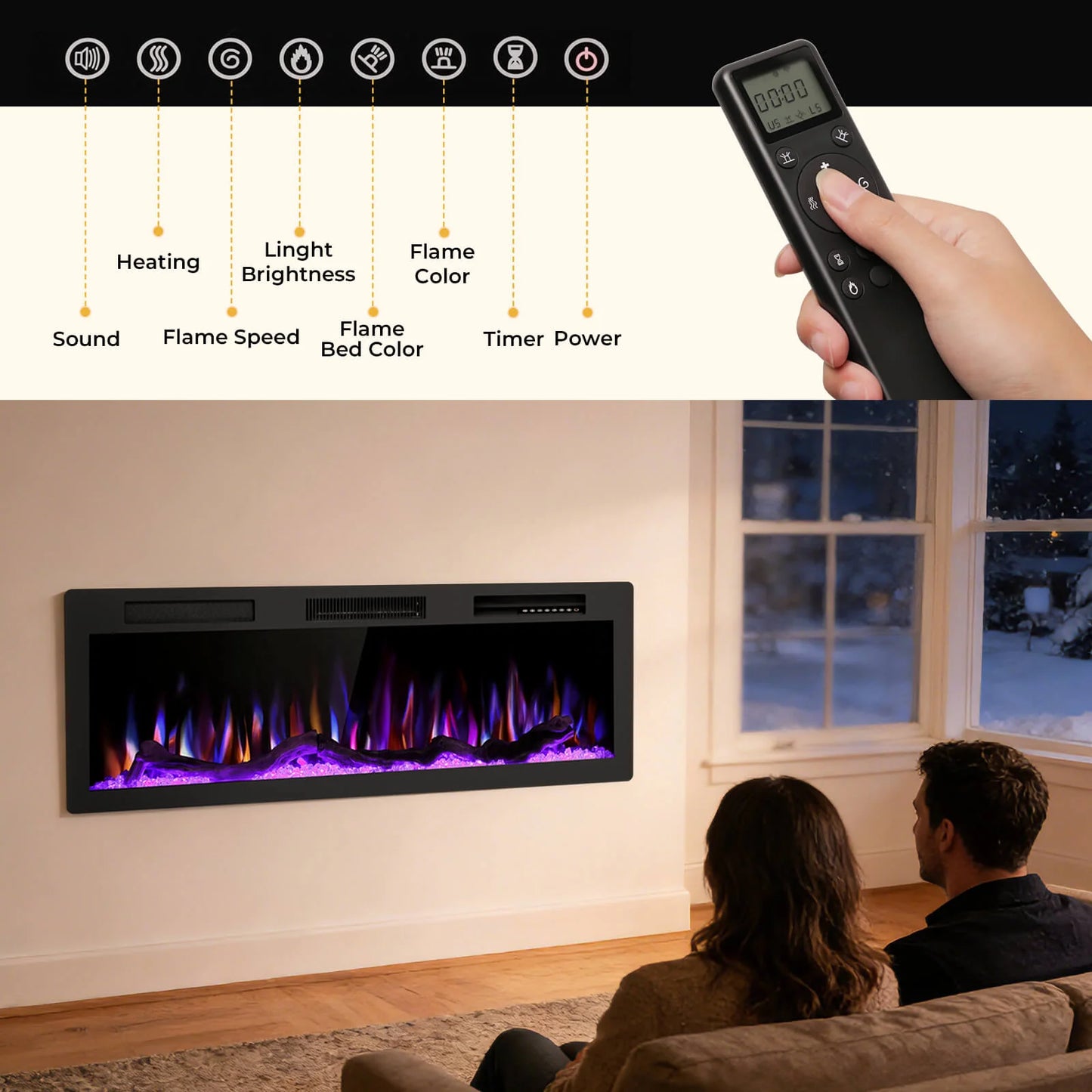 R.W.FLAME C6 Series 50" Black Recessed Wall-Mounted Alexa/WiFi Enabled APP Control Smart Electric Fireplace
