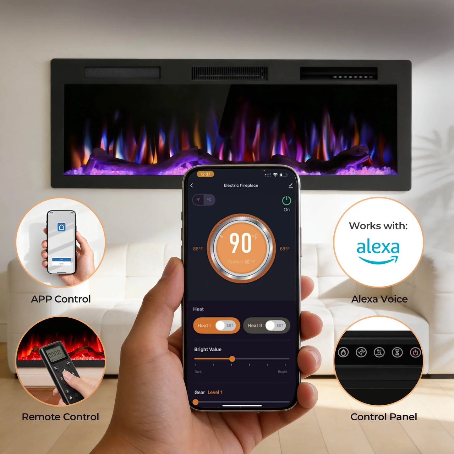 R.W.FLAME C6 Series 50" Black Recessed Wall-Mounted Alexa/WiFi Enabled APP Control Smart Electric Fireplace