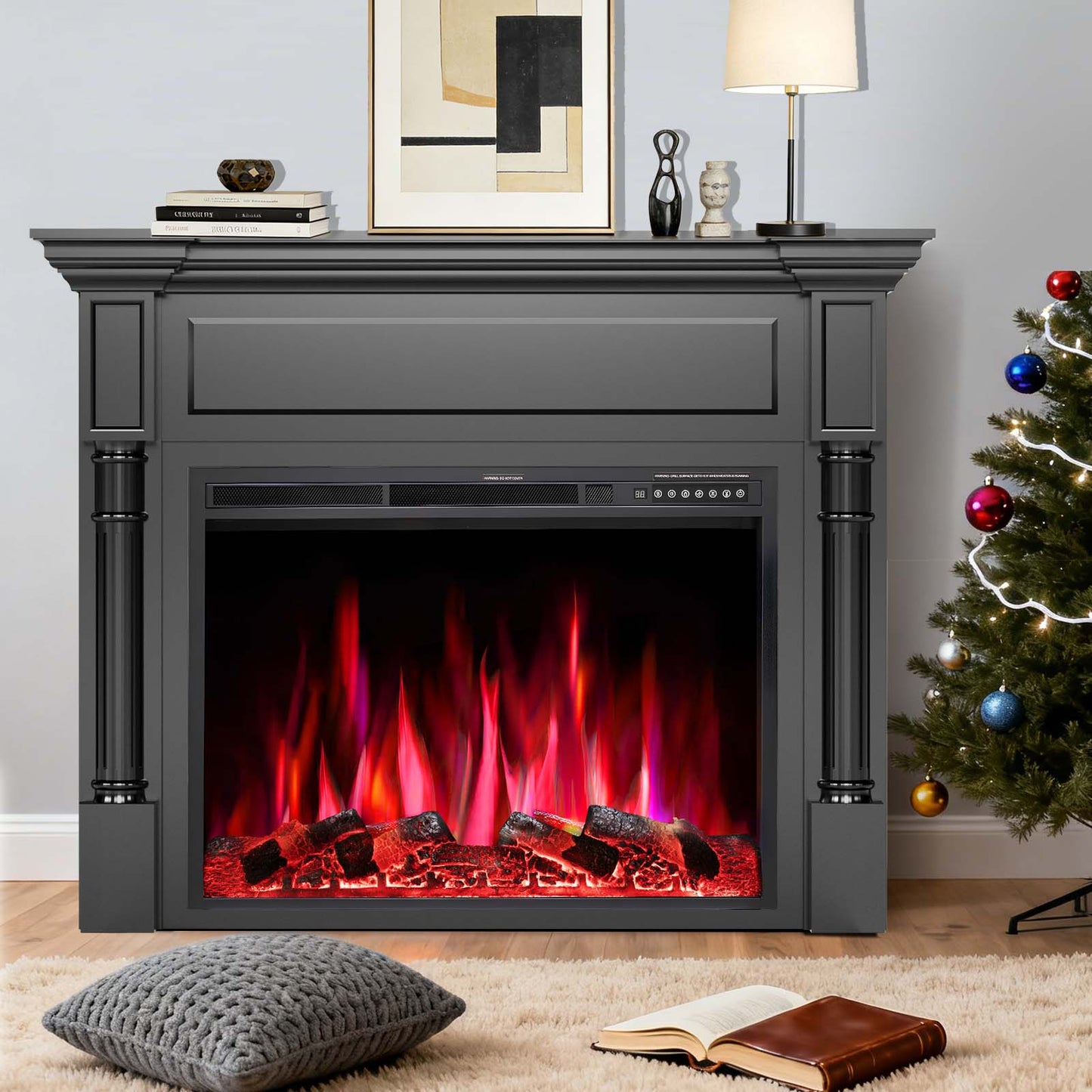 R.W.FLAME 55" Black Freestanding Wooden Mantel and Electric Fireplace With Adjustable Flame