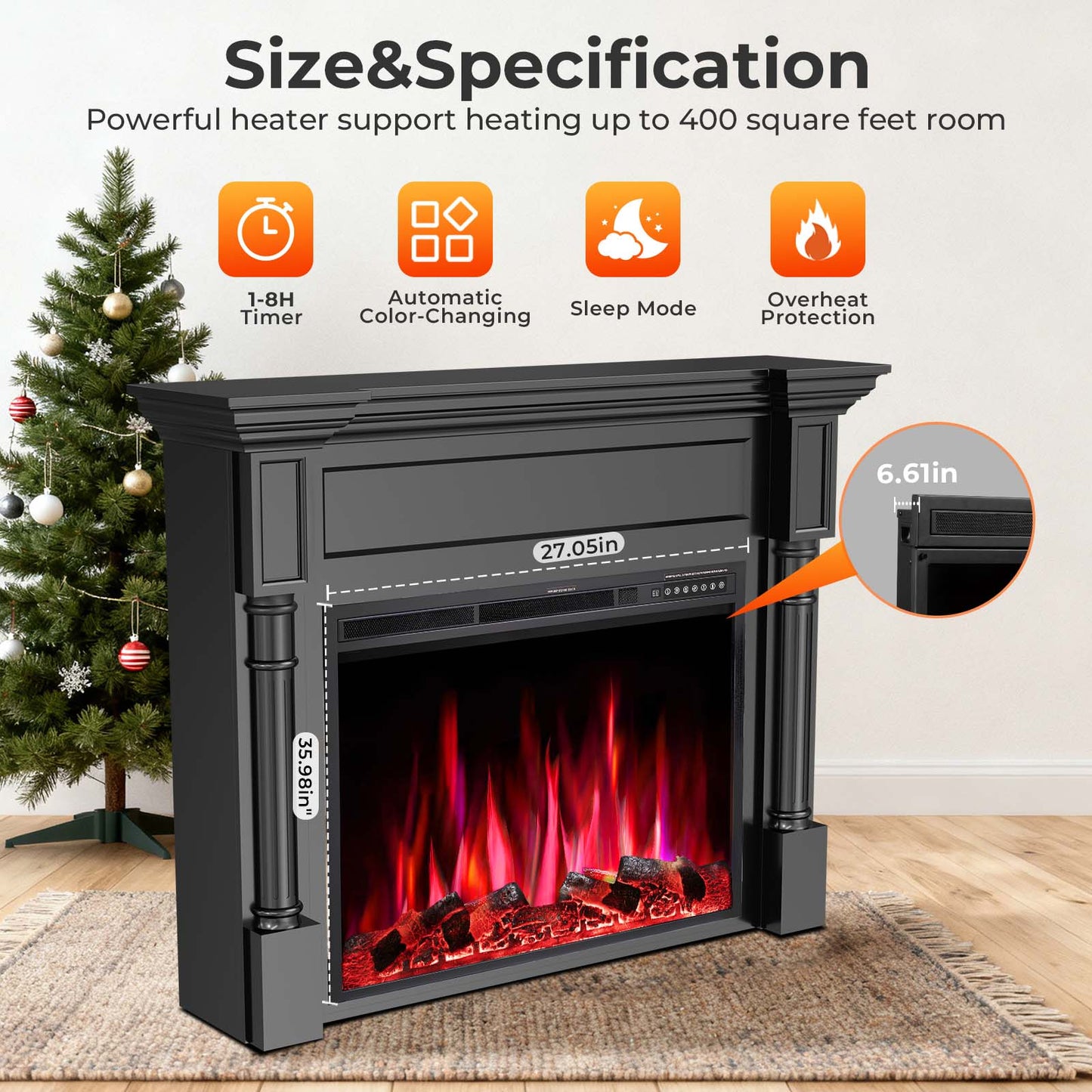 R.W.FLAME 55" Black Freestanding Wooden Mantel and Electric Fireplace With Adjustable Flame