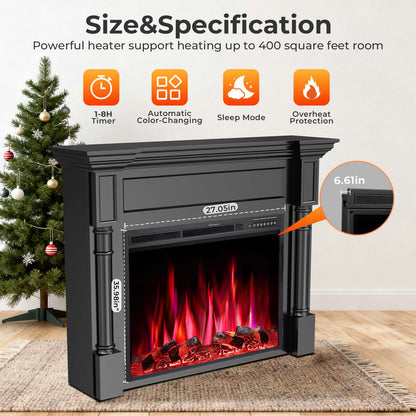 R.W.FLAME 55" Black Freestanding Wooden Mantel and Electric Fireplace With Adjustable Flame
