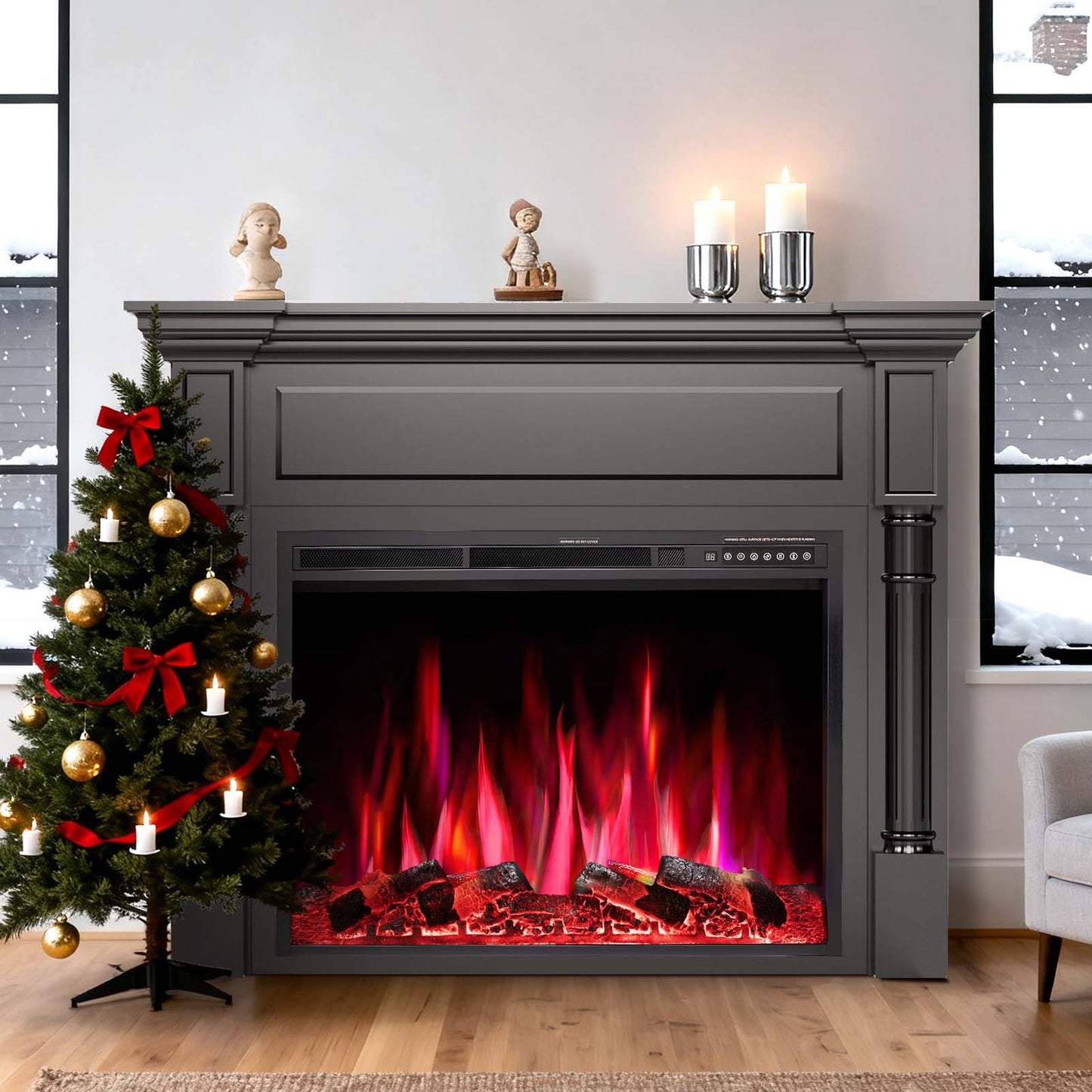 R.W.FLAME 55" Black Freestanding Wooden Mantel and Electric Fireplace With Adjustable Flame