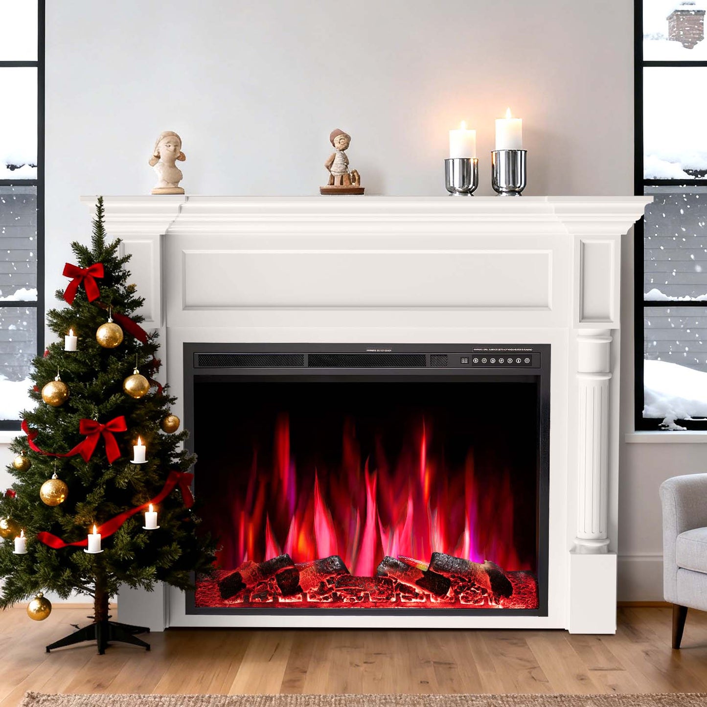 R.W.FLAME 55" White Freestanding Wooden Mantel and Electric Fireplace With Adjustable Flame
