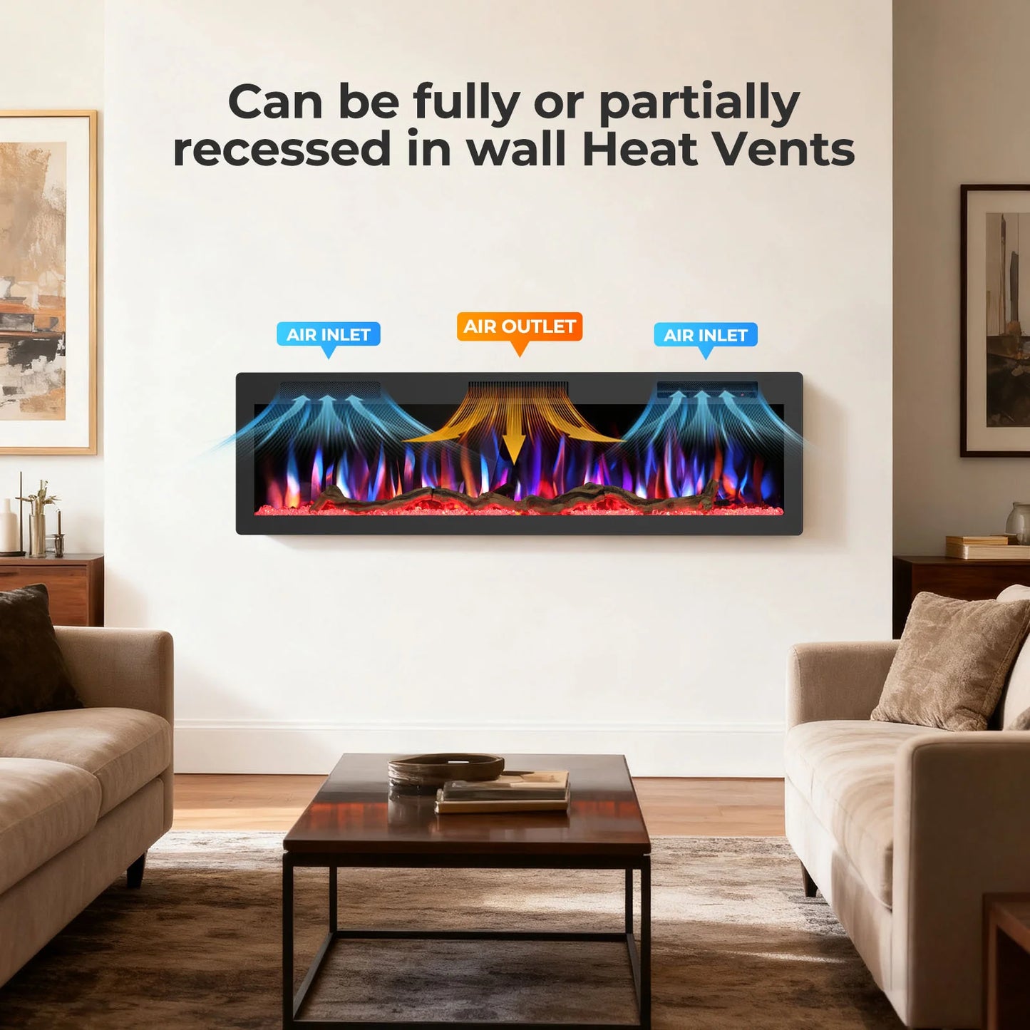 R.W.FLAME C6 Series 60" Black Recessed Wall-Mounted Alexa/WiFi Enabled APP Control Smart Electric Fireplace