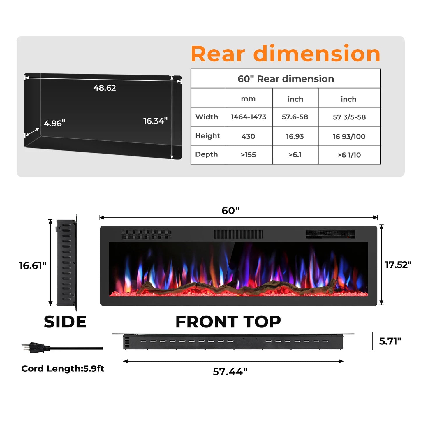 R.W.FLAME C6 Series 60" Black Recessed Wall-Mounted Alexa/WiFi Enabled APP Control Smart Electric Fireplace