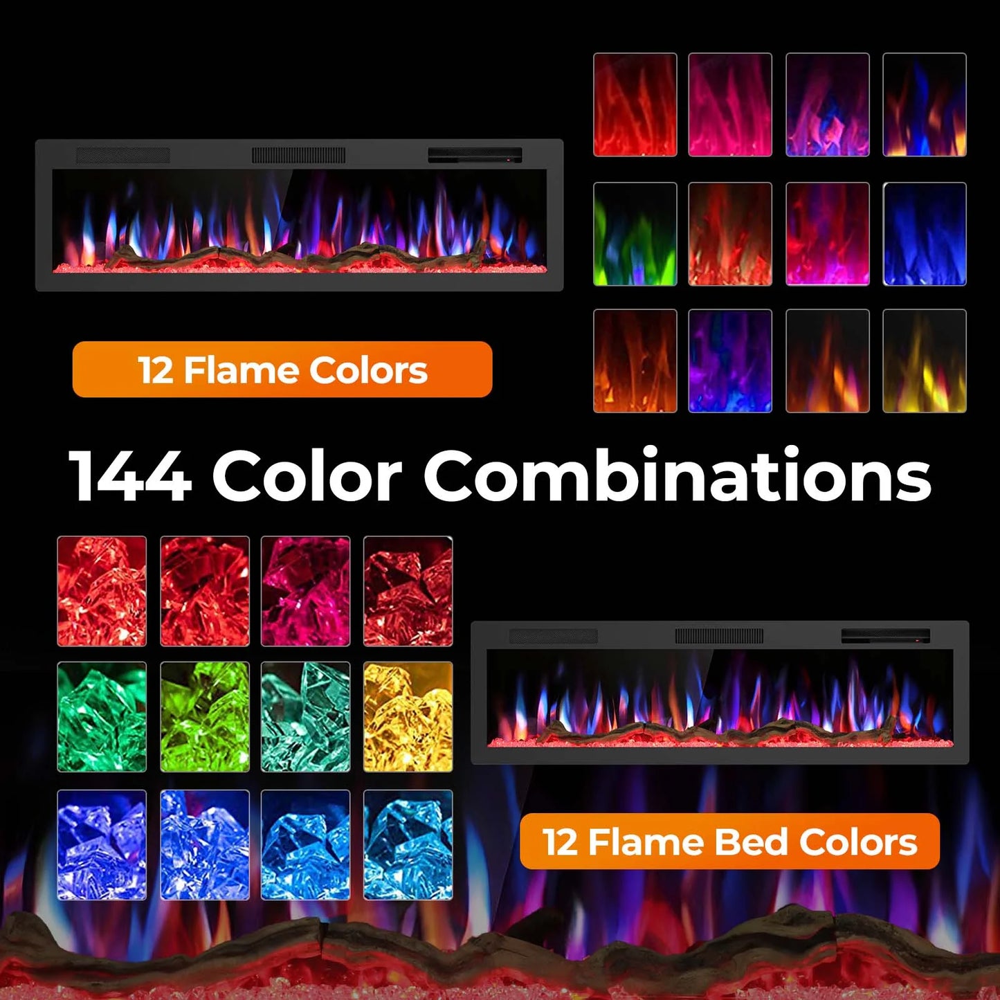 R.W.FLAME C6 Series 60" Black Recessed Wall-Mounted Alexa/WiFi Enabled APP Control Smart Electric Fireplace