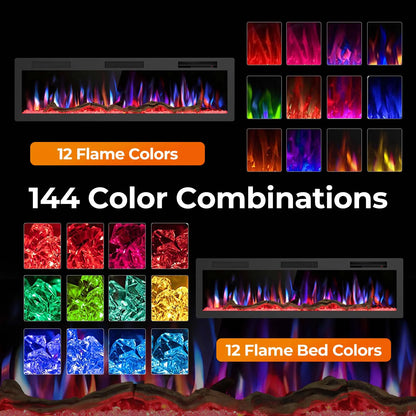 R.W.FLAME C6 Series 60" Black Recessed Wall-Mounted Alexa/WiFi Enabled APP Control Smart Electric Fireplace