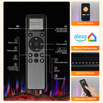 R.W.FLAME C6 Series 60" Black Recessed Wall-Mounted Alexa/WiFi Enabled APP Control Smart Electric Fireplace
