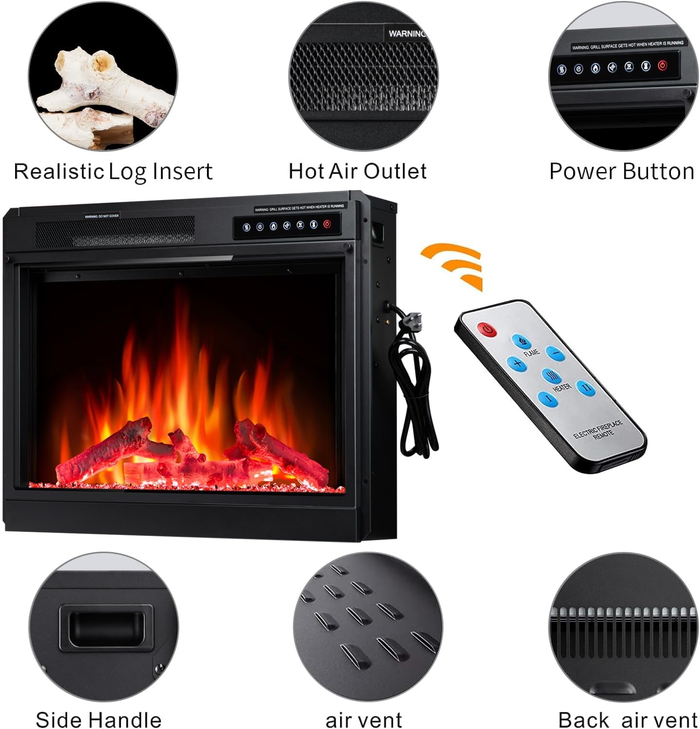 R.W.FLAME 23" Black 750W-1500W Electric Fireplace Insert With Adjustable Led Flame Brightness, 2 Power Settings, Touch Screen and Remote Control