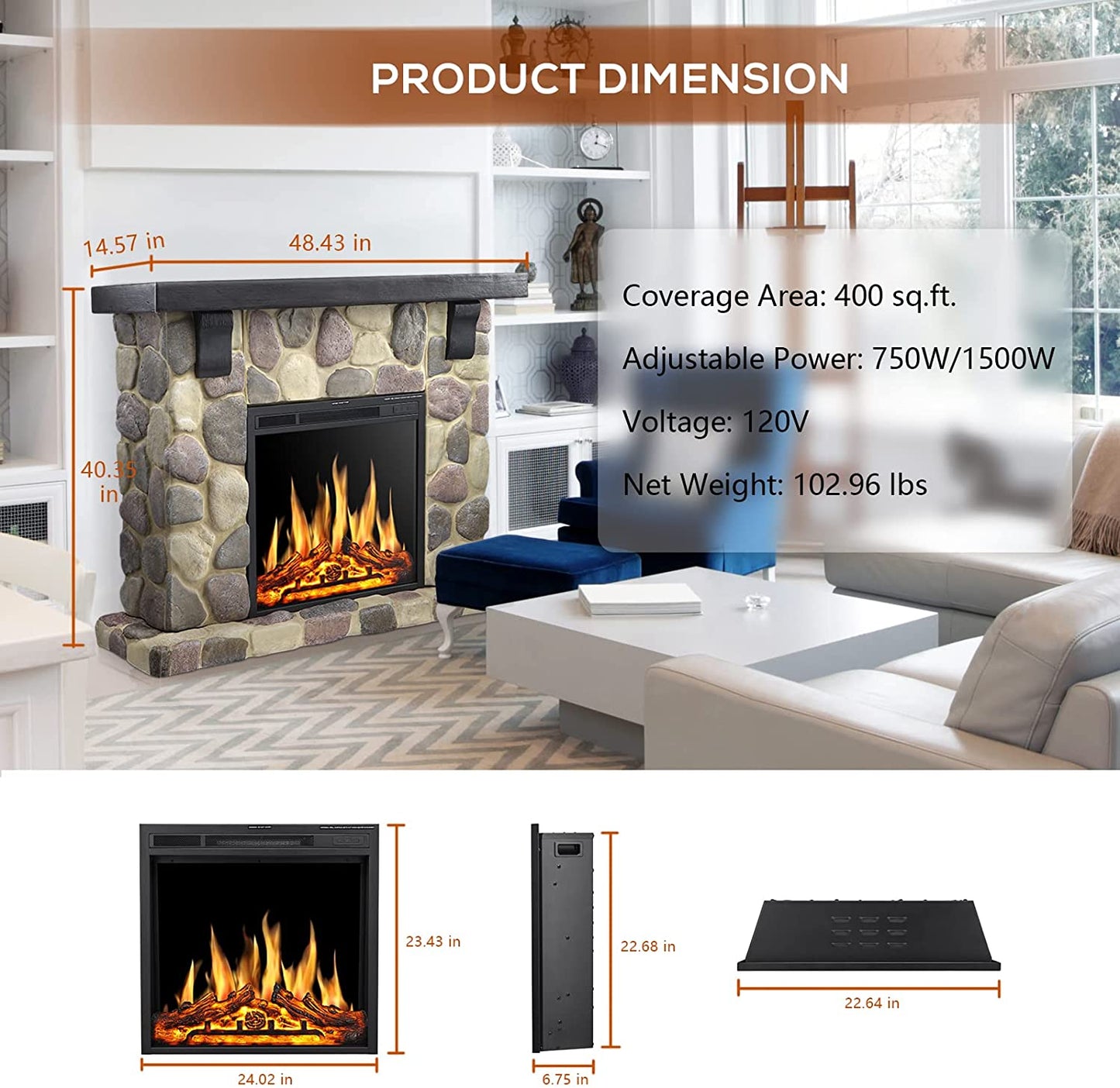 R.W.FLAME 48" Freestanding Stone Mantel Package With Electric Fireplace Heater, TV Stand and Remote Control