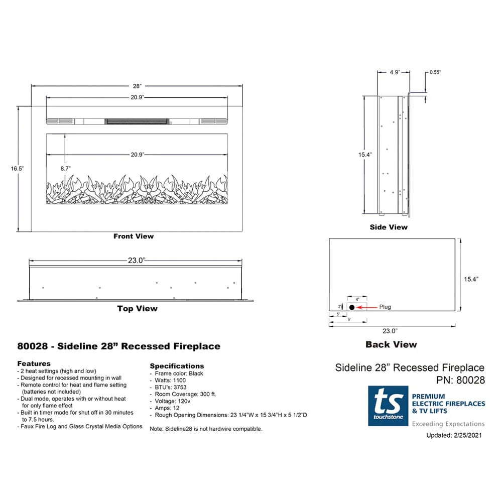 Touchstone Sideline 28" Recessed Smart Electric Fireplace