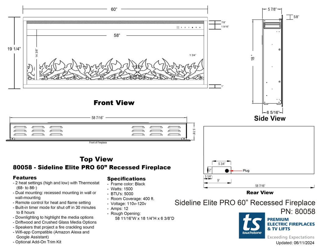 Touchstone Sideline Elite Pro 60" Smart Recessed Electric Fireplace