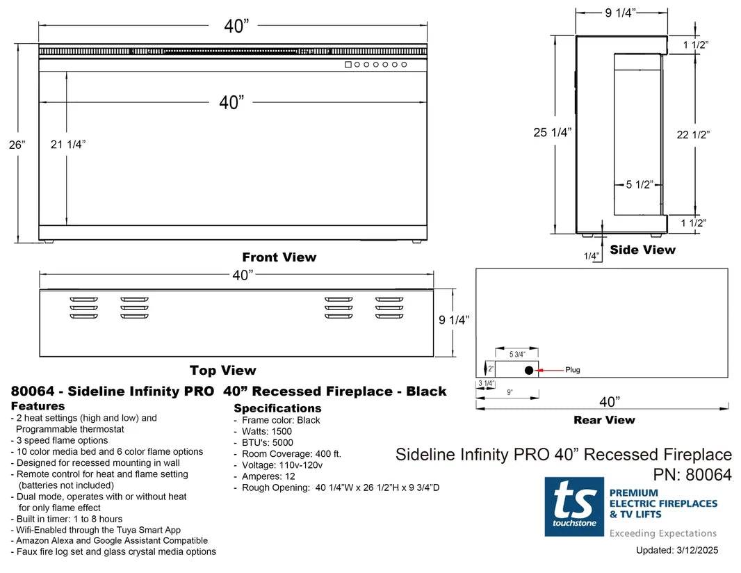 Touchstone Sideline Forte Infinity Pro 40" 3-Sided Recessed Smart Electric Fireplace
