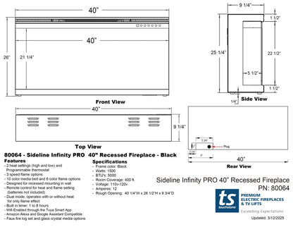 Touchstone Sideline Forte Infinity Pro 40" 3-Sided Recessed Smart Electric Fireplace