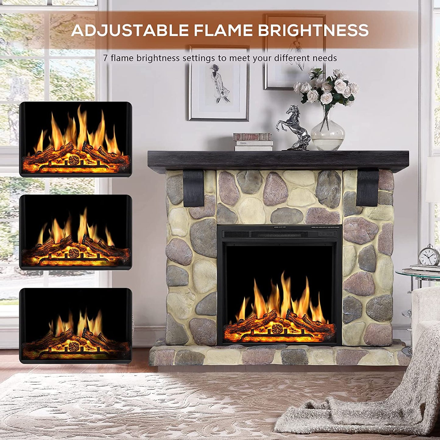 R.W.FLAME 48" Freestanding Stone Mantel Package With Electric Fireplace Heater, TV Stand and Remote Control