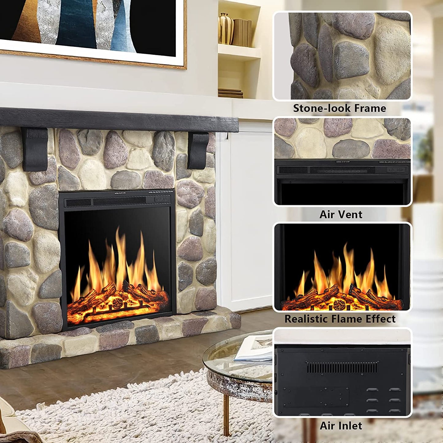 R.W.FLAME 48" Freestanding Stone Mantel Package With Electric Fireplace Heater, TV Stand and Remote Control