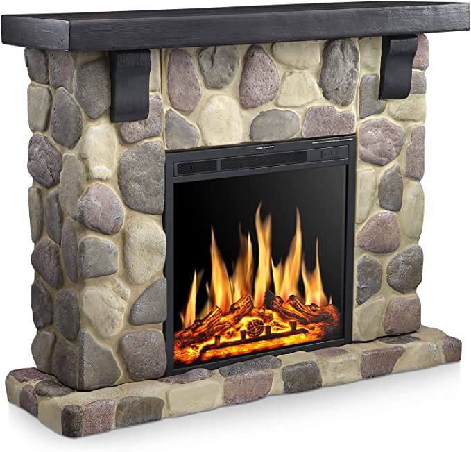 R.W.FLAME 48" Freestanding Stone Mantel Package With Electric Fireplace Heater, TV Stand and Remote Control