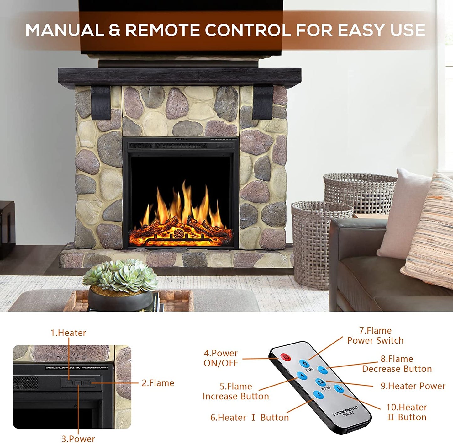 R.W.FLAME 48" Freestanding Stone Mantel Package With Electric Fireplace Heater, TV Stand and Remote Control