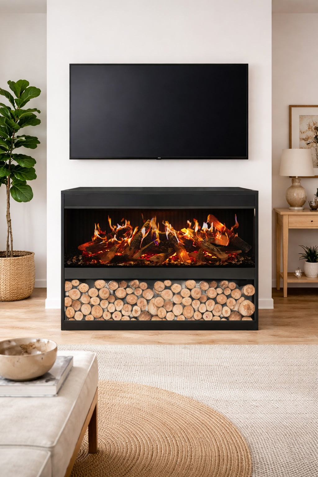 Amantii Black Contemporary Pedestal Display With Storage Compartment for Signature MultiView Holo 55" Fireplace