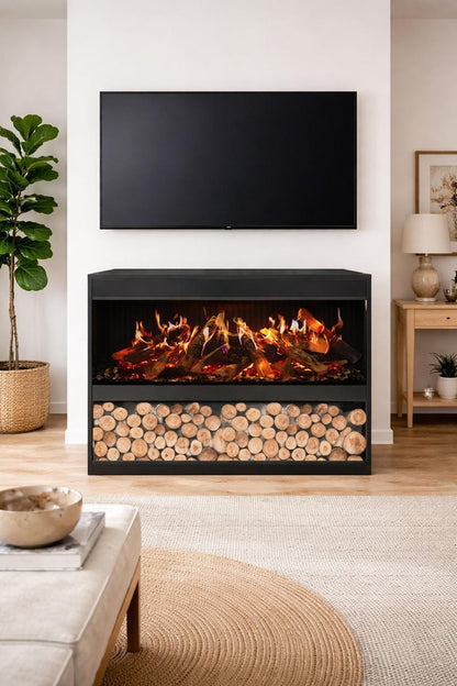 Amantii Black Contemporary Pedestal Display With Storage Compartment for Signature MultiView Holo 75" Fireplace